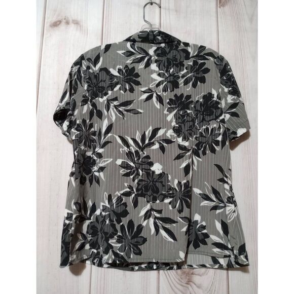Covington Shirt Ladies Large Petite Button Front Short Sleeve Gray Black Floral - Picture 2 of 9